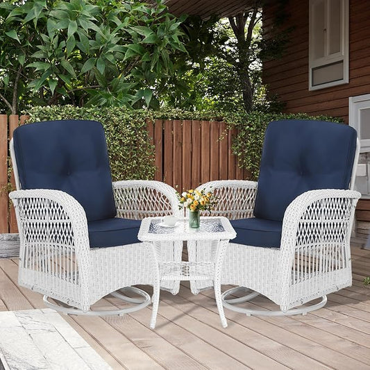 MEETWARM 3 Pieces Outdoor Wicker Swivel Rocker Patio Set, Rocking Chairs Rattan Patio Furniture Sets with Thickened Cushion and Glass-Top Coffee Table, Conversation Bistro Set, White Wicker/Navy