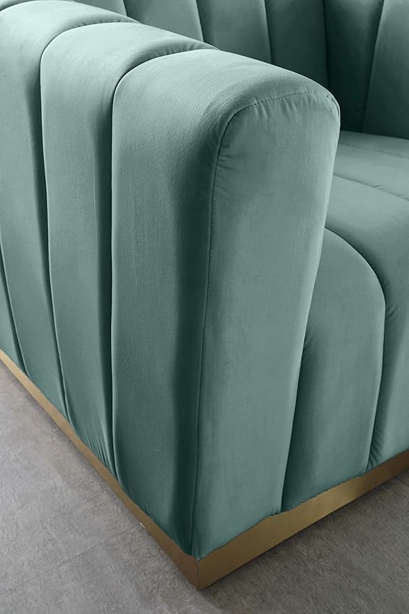 Meridian Furniture 603Mint-L Marlon Collection Modern | Contemporary Velvet Upholstered Loveseat with Deep Channel Tufting, Stainless Steel Base in a Brushed Gold Finish, Mint, 62.5" W x 34" D x 28" H