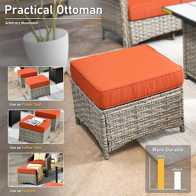 HOOOWOOO 6 Piece Patio Furniture Conversation Sets with Swivel Rocking Chairs,Outdoor Wicker Furniture with Ottoman,All Weather Resistant High Back Rattan Conversational Set(Orange Red)