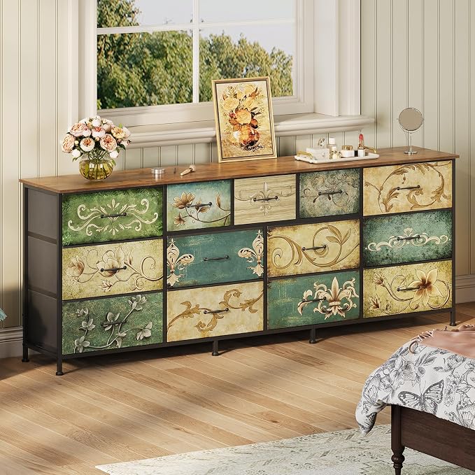 Tohomeor Dresser for Bedroom Chest of Drawers Fabric Dresser for Closet, Nursery Entryway Hall Tree TV Stand for Living Room Retro Floral Pattern Wooden Top (13 Drawers) - Image 9