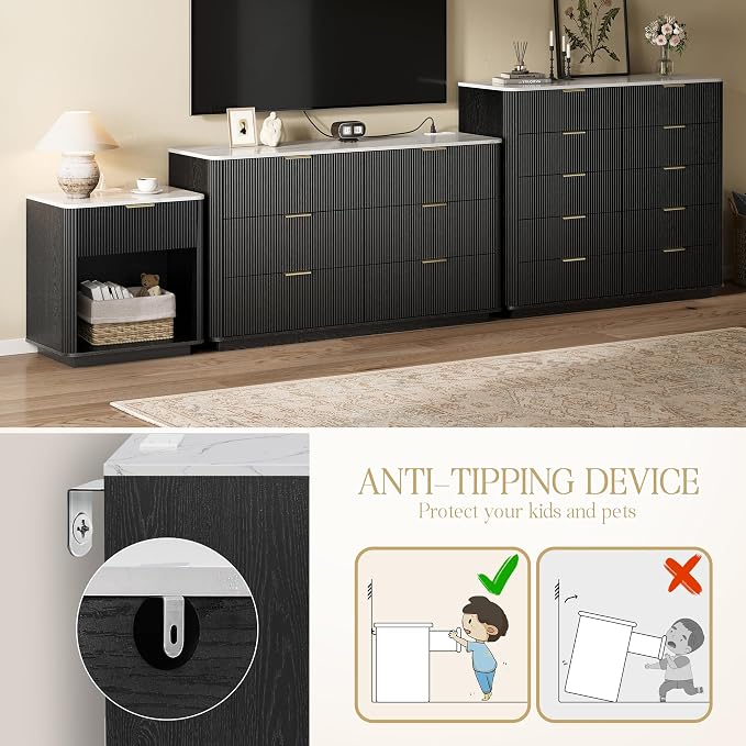 Fluted Nightstand with Drawer, Bedside Table with Faux Marble-Top, Modern Nightstand with Charging Station, Drawers and Open Shelf, Curved Corners, Modern Night Stand for Bedroom, Black - Image 8