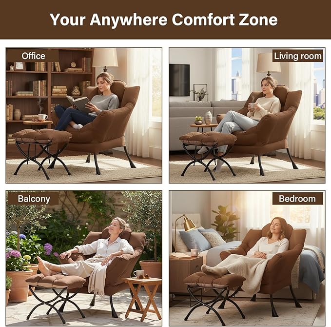 Welnow Lazy Chair with Ottoman, Modern Accent Armchair with Armrests and a Side Pocket, Leisure Sofa Armchair Set, Reading Chair with Footrest for Small Space, Dark Brown