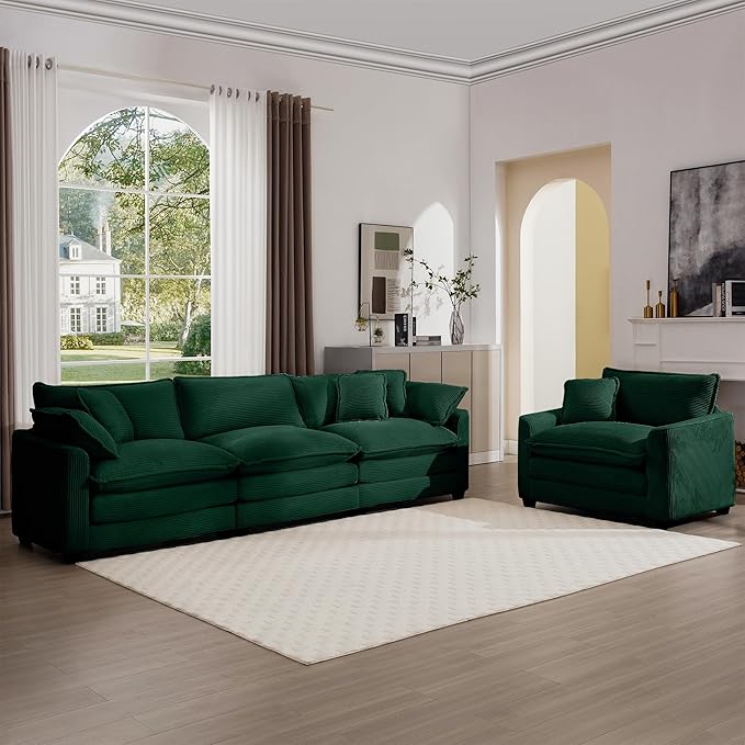 KEIKI 2-Piece Sofa Set with 1 Oversized Corduroy 3-Seater Sofa & 1 Single Sofa, Upholstered 4-Seater Couch Set with 6 Pillow, High-Density Foam Cushions, Removable Armrests, for Living Room, Green