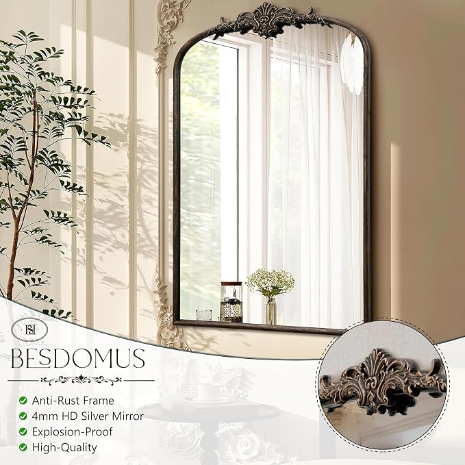 Besdomus Antique Large Arched Mirror: 24"x36" French Arch Black Vintage Wall Vanity Mirror - Traditional Ornate Home Decor for Entryway/Fireplace/Bathroom/Bedroom - Idea for Young Couples - Image 8