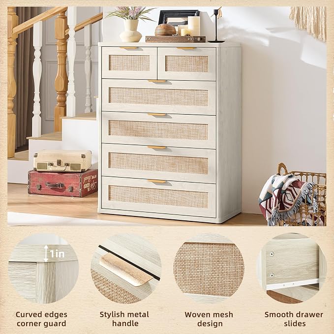 LEYAOYAO White Dresser for Bedroom, 41" Tall Chest of Drawers, Modern 6 Drawers Boho Rattan Dressers with Storage, Dresser Wooden Closet Organizer for Living Room, Hallway - Image 7