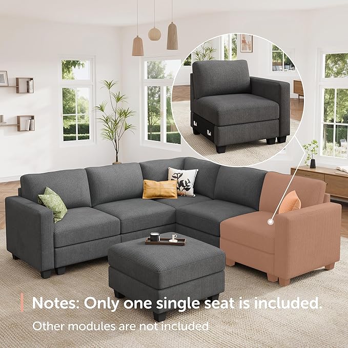 HONBAY Modular Sectional Sofa, Single Chair for Sectional Couch, Grey