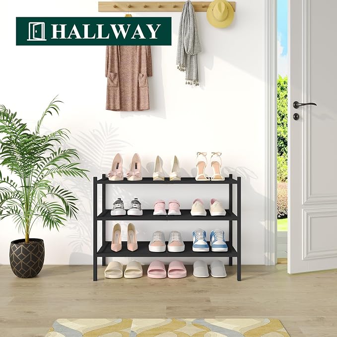 Smiry Bamboo Shoe Rack, 3 Tier Shoe Organizer for Entryway & Closet, Stackable Free Standing Storage Shelf for Shoes, Bags & Plants, Black - Image 4