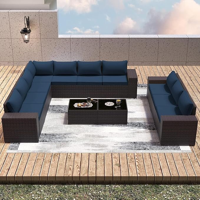 12 PCS Outdoor Patio Furniture Set,Outdoor Sectional Furniture All Weather PE Rattan Wicker Patio Conversation Set with 2 Coffee Tables and 10 Thickened Cushions,Navy Blue