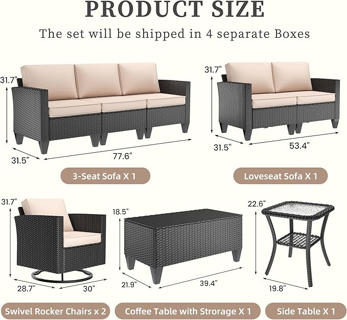 UDPATIO Patio Furniture Set, 6 Pieces Outdoor Furniture Sets with Rocking Swivel Chairs, Wicker Rattan Outdoor Conversation Set with Storage Table and Waterproof Covers for Backyard, Deck, Porch, Khak