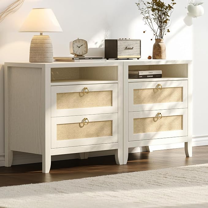 Dowinx 23.6" White Night Stand Set of 2, Large Rattan Nightstands with Charging Station 2 Drawers and Strage Shelf, Boho Night Stand Set of 2, Bed Side End Tables Dresser for Bedroom, Cream White - Image 2