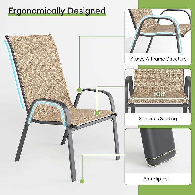Patio Chairs Set of 2, Outdoor Dining Chairs Stackable for All Weather, Breathable Metal Modern Outside Furniture Chair for Pool Side, Garden, Backyard Deck, Brown - Image 7