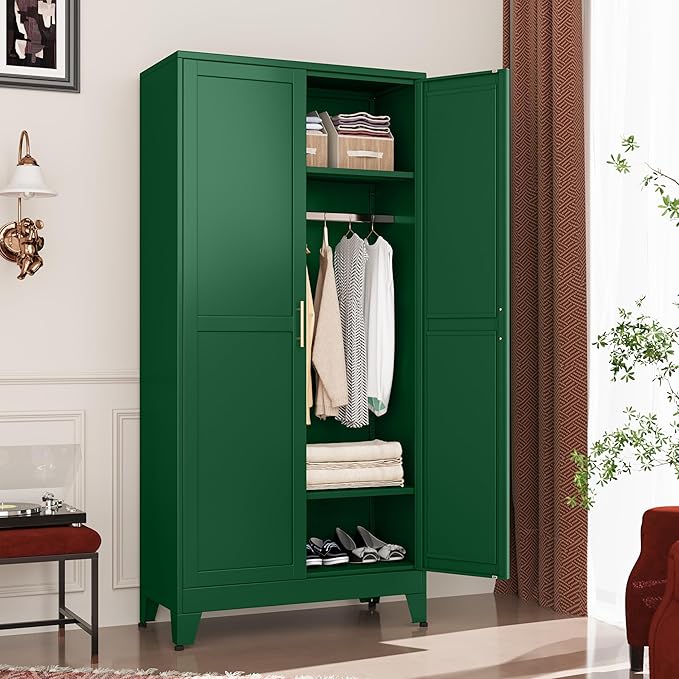 GAIOUS Metal Wardrobe Cabinet with Hanging Rod, 71" Metal Clothing Storage Cabinets with 2 Doors and Adjustable Shelves, Green Armoire Wardrobe Closet for Bedroom, Laundry Room, Cloak Room