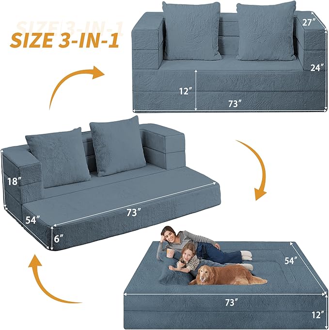 Futon Sofa Bed with Pillow, 3-in-1 Sleeper Sofa Bed with Removable Cover, Convertible Floor Sofa Bed, No Assembly Boneless Couch for Living Room, Bedroom