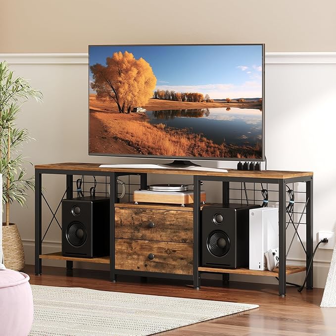 YATINEY TV Stand with Power Outlet Up to 60 Inch, Entertainment Center with 2 Fabric Drawers, TV Console Table with Open Storage Shelves for TVs, Cable Management, for Living Room, Bedroom, DS14UBRY1 - Image 3