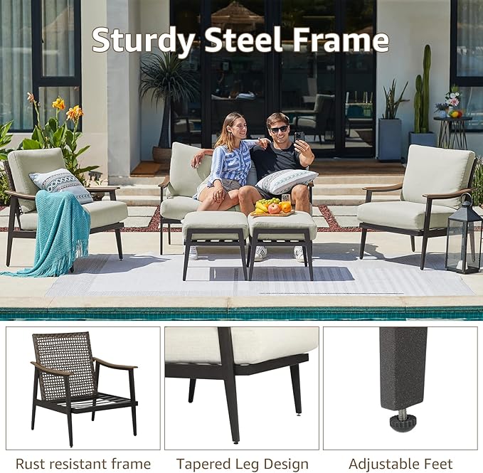 NATURAL EXPRESSIONS 5 Pieces Patio Furniture Set, Outdoor Furniture Sofa Sectional Modern Metal Patio Conversation Set with High Back Wicker Backrest & Loveseat for Balcony, Backyard, Deck, Porch