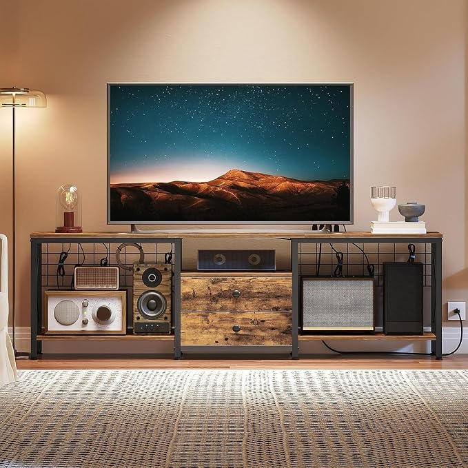 YATINEY TV Stand with Power Outlet Up to 75 Inch, Entertainment Center with 2 Fabric Drawers, TV Console Table with Open Storage Shelves for TVs, Cable Management, for Living Room, Bedroom, DS18UBRY1 by Yatiney