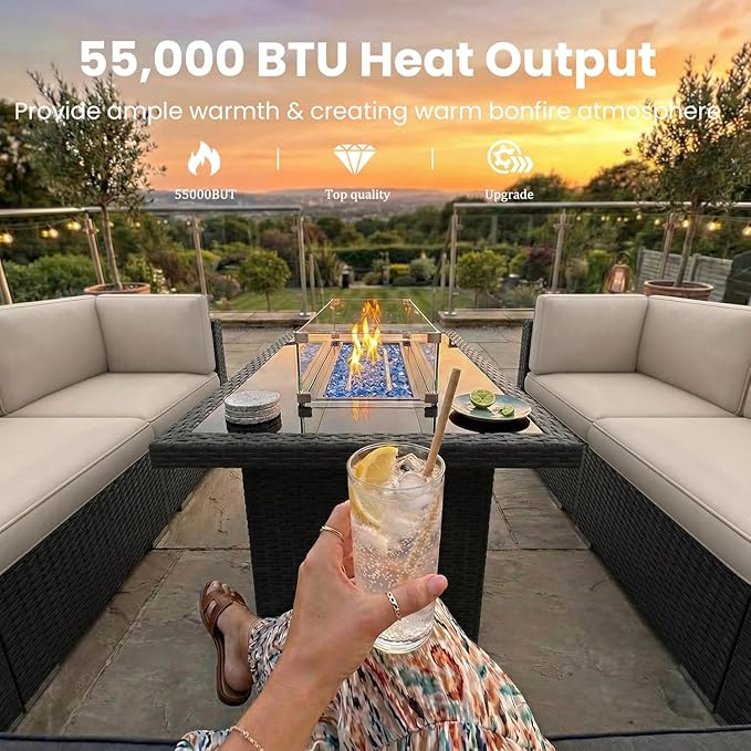 8 Pieces Patio Furniture Set with 44" Propane Gas Fire Pit Table, Outdoor Sectional Wicker Conversation Sofa Sets with Coffee Table