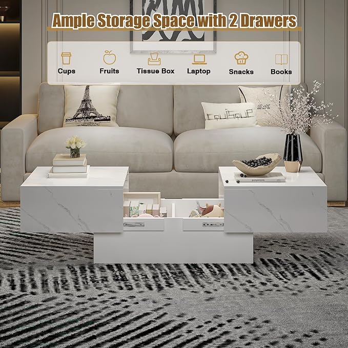 Marble Modern Coffee Table with Storage for Living Room, Living Room Table Rectangular Center Tables, Sliding Top with Hidden Storage, Wooden Cocktail Table for Dining Reception Room
