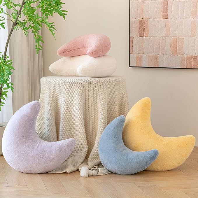 Moon Pillow, Decorative Throw Pillows with Soft Faux Rabbit for Bed Couch, Moon Shaped Pillows Plush Floor Cushions Room Decor Pillow for Sofa Bedroom Living Room (Grey Pink, 19.6 Inches)