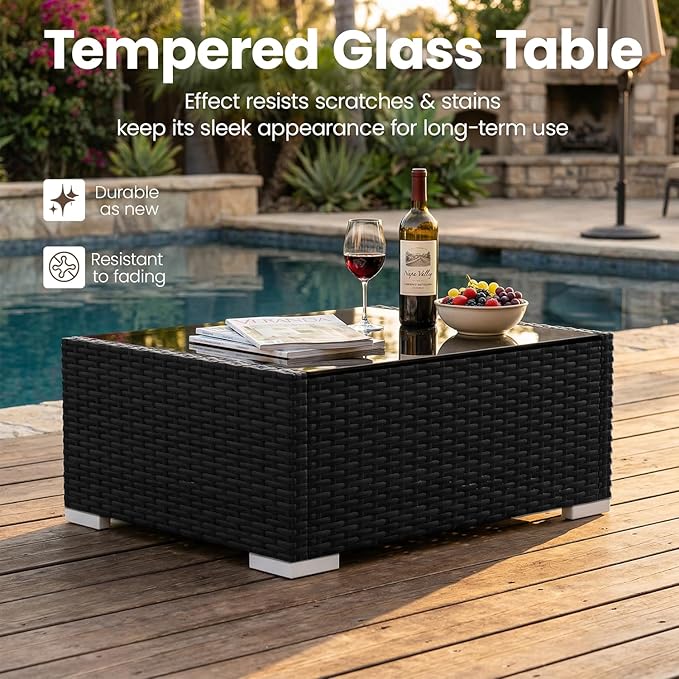 6 Pieces Patio Furniture Set with 44" Propane Gas Fire Pit Table, Outdoor Sectional Wicker Conversation Sofa Sets with Coffee Table