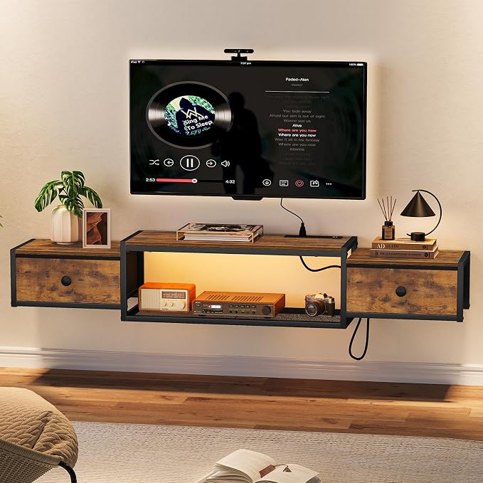 Snughome 63" Floating TV Stand with Power Outlets, Wall Mounted Entertainment Center with LED Lights, Floating TV Shelf with Drawer, Media Console Shelf for Living Room,for Under TV Storage, Bedroom by Snughome