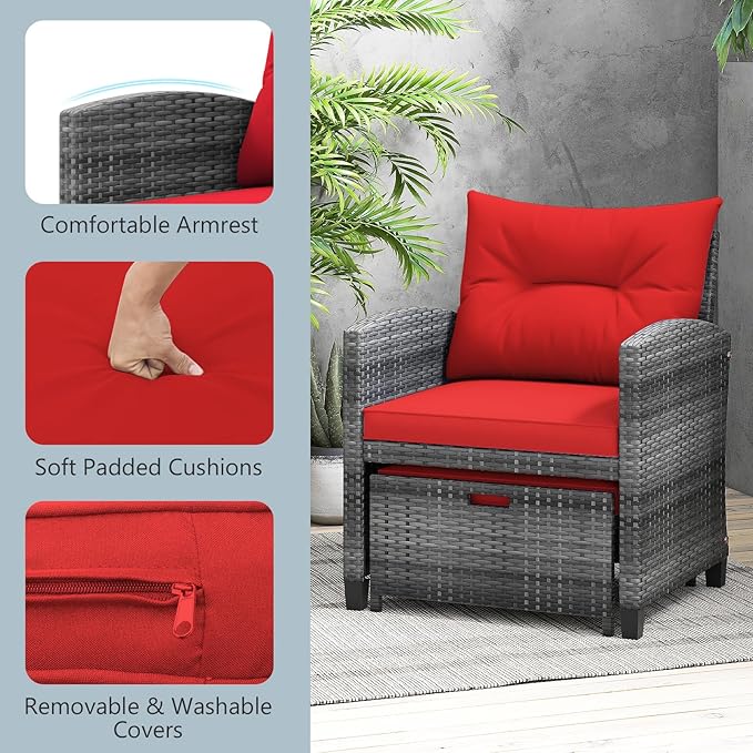 ORALNER 5 Pieces Patio Furniture Set with Ottoman, Wicker Conversation Set w/Cushions, Glass Coffee Table, Outdoor Lounger Rattan Chairs Bistro Set for Porch Balcony Garden Deck Poolside (Red)