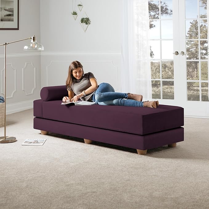Jaxx Alon Daybed - Fold-Out Sleeper Chaise with Premium Memory Foam Queen-Size Mattress - Made in The USA - Pinot