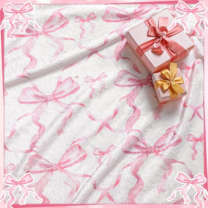 Buryeah Pink Bow Throw Blanket 50"x60" Ultra Soft Flannel Coquette Aesthetic Blanket for Girls Women Preppy Room Decor for Bed Sofa Spring Wedding Mother's Day Graduation Back to School Gift