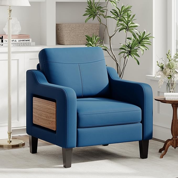 Accent Chair for Living Room Modern Linen Upholstered Armchair Side Wooden Fabric Sofa Chair with Foldable Table 2 Side Pockets Comfy Reading Chair for Bedroom