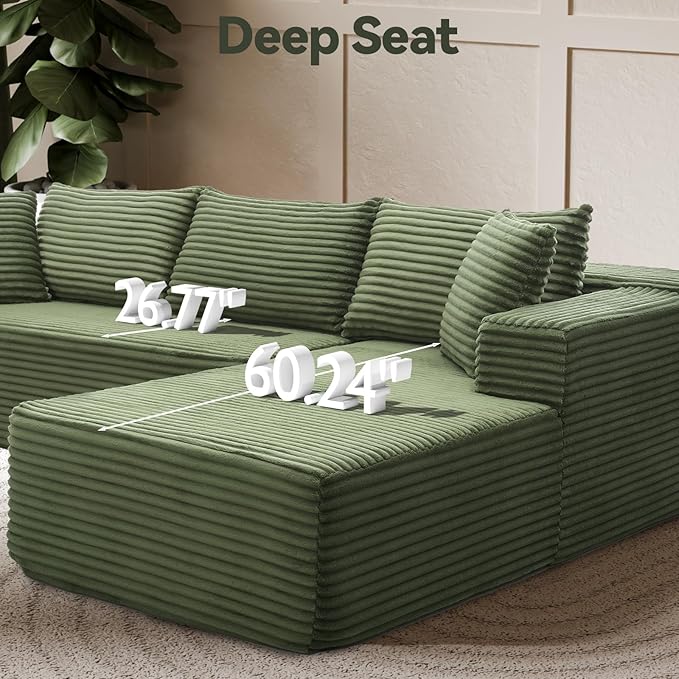 106" Modular Sectional Sofa, Green Corduroy Cloud Couch with Left Chaise, Deep Seat Boneless Floor Sofa for Living Room, High-Resilience Foam Support, No Assembly Required, Includes Pillows | Sectional Sofa, Corduroy Cloud, Boneless, High-Resilience, N...