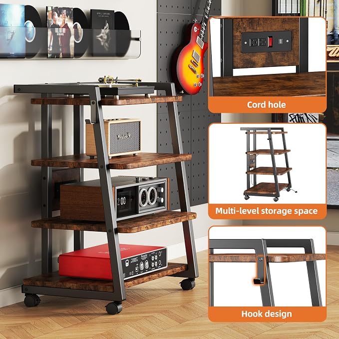 CABTE Mobile AV Media Stand with Outlets and 4 Rolling Caster Wheels, 4-Tier Rolling TV Stand for Gaming Console, Stereo, DVD Player, Sturdy Metal Frame, Versatile Living Room,Bedroom (Retro Brown) - Image 5