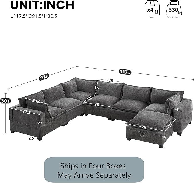 Ball & Cast Oversized U Shaped Sectional Couch with Movable Storage Ottoman,7 Seat Chenille Upholstered Sectional Sofa w/9 Pillows,DIY Combination,Wide Seat Couches for Living Room,Office,Gray