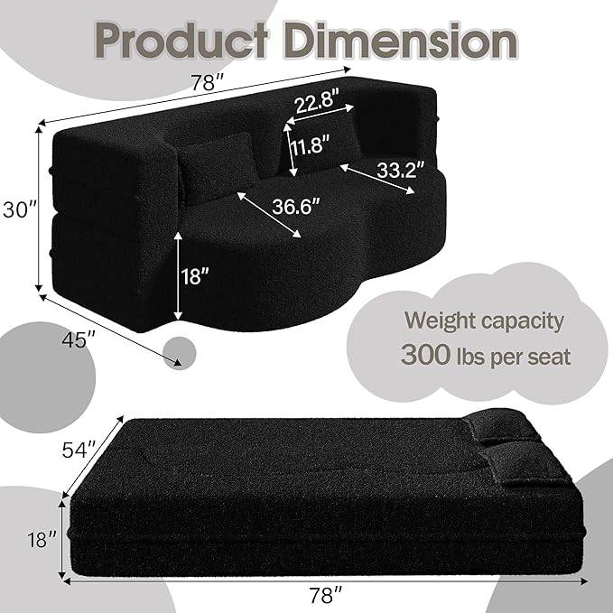 78" Convertible Sofa Bed, 2-in-1 Folding Floor Couch with 2 Pillows, Sleeper Sofa for Living Room and Bedroom, No Assembly Required (Black, Teddy Fabric)