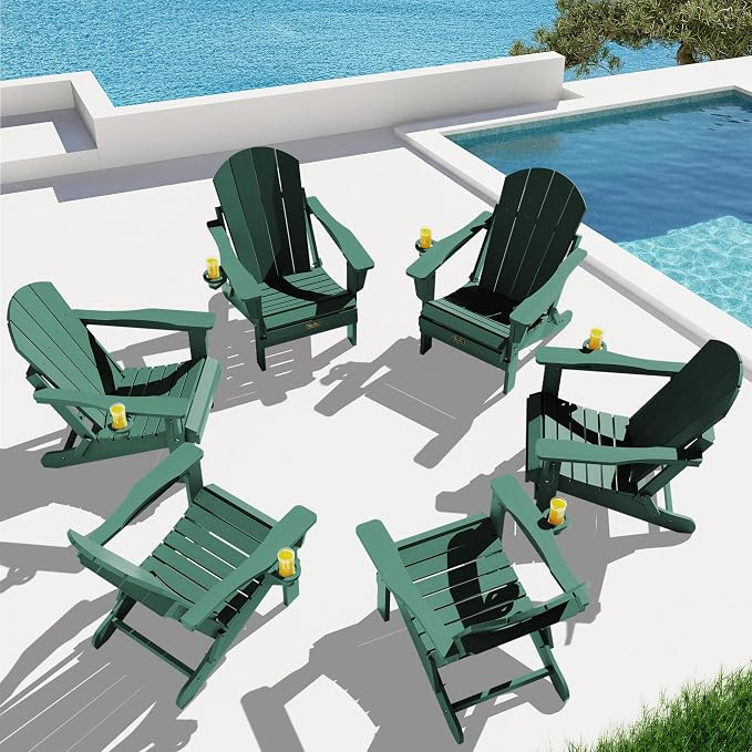 SERWALL Folding Adirondack Chair Set of 6, Painted Adirondack Chair with Cup Holder, Weather Resistant for Patio Deck Garden, Fire Pit & Lawn Furniture Porch - Green by SERWALL