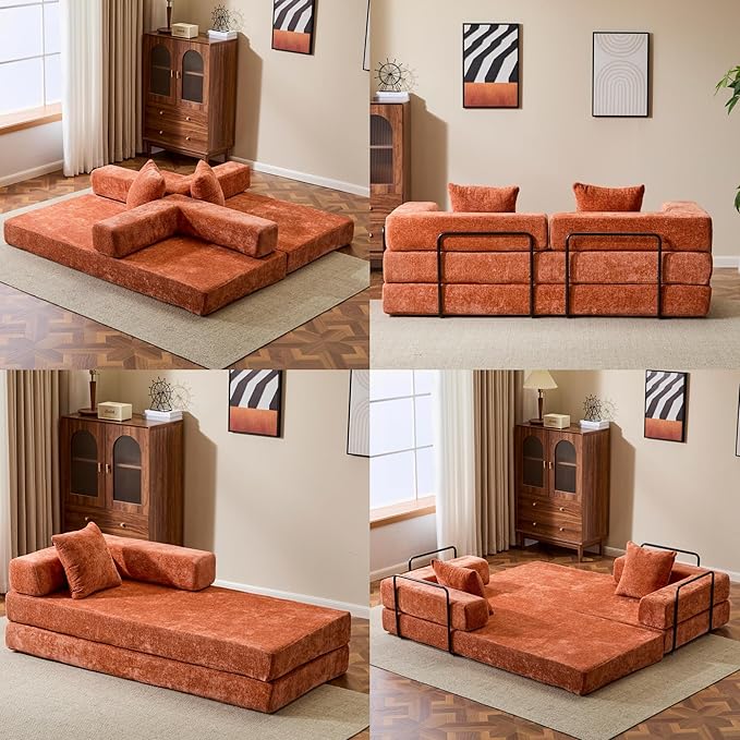 Convertible Floor Sofa Bed, Fold Out Floor Couch with Pillow Back & Armrest, Compressed Couch with Fixed-Shape Frame, Chenille Foldable Sleeper Sofa Bed for Living Room Bedroom, Orange