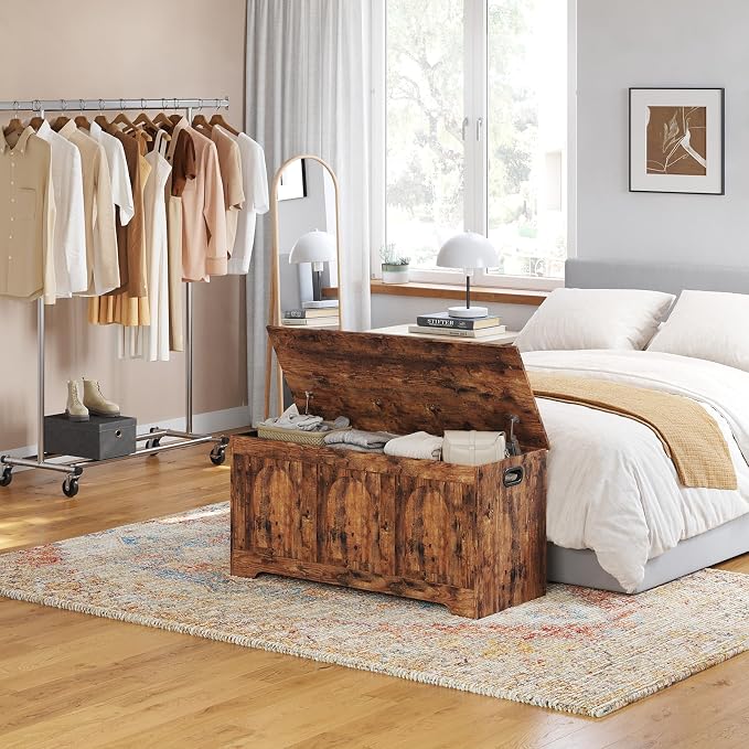 DINZI LVJ Storage Chest, 39.4” Wooden Toy Box with 2 Safety Hinges, Entryway Shoe Bench with Flip-Top, Sturdy Large Storage Trunk for Living Room, Bedroom, Playroom, Easy Assembly, Rustic Brown - Image 2