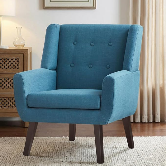 HUIMO Button-Tufted Accent Chairs,Upholstered Reading Living Room Chair,Mid Century Modern Chair with Linen Fabric, Club Chair,Comfy Arm Chairs for Living Room,Bedroom Lake Blue