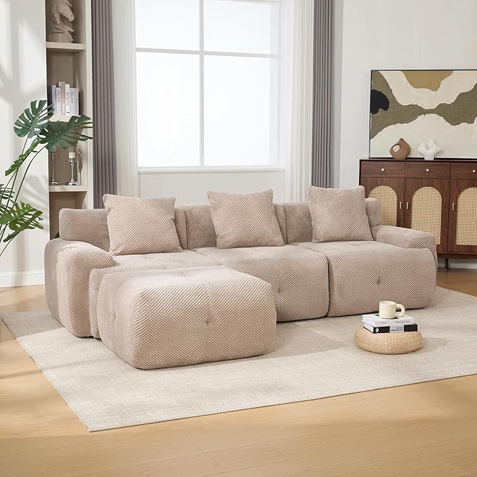 104" L-Shaped Compressed Sectional Cloud Sofa, Flannel Upholstered Modular Tufted Sofa with 4 Pieces, Modern Floor Boneless Foam Modular Cloud Couches for Living Room