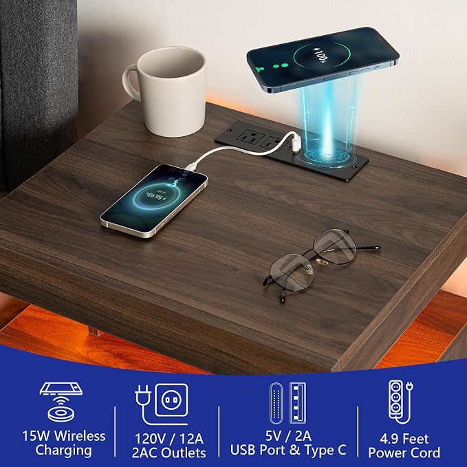 HOMMPA Nightstand with Charging Station and LED Light, Smart Nightstand with USB Port & Wireless Charging, Modern Night Stand with 2 Drawer, Rustic Beside Table for Bedroom, Walnut - Image 3