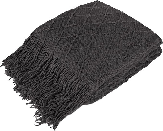 PAVILIA Dark Gray Knit Throw Blanket for Couch Bed, Soft Knitted Farmhouse Sofa Throw for Living Room, Lightweight Decorative Summer Throw Blanket for Chair, Outdoor Textured Boho Blanket, 50x60
