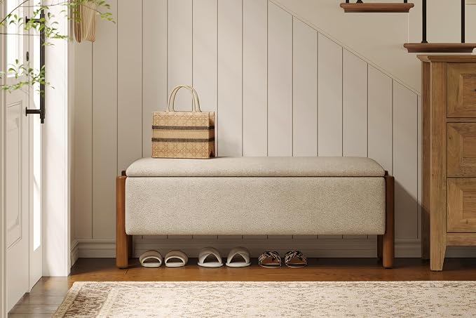 Modern Storage Benches with Walnut Wood Legs, 47'' Ottoman Bench with 20 Gallons Storage Space for Bedroom End of Bed, Fabric Upholstered Entryway Bench with Seating for Livingroom, Beige - Image 4