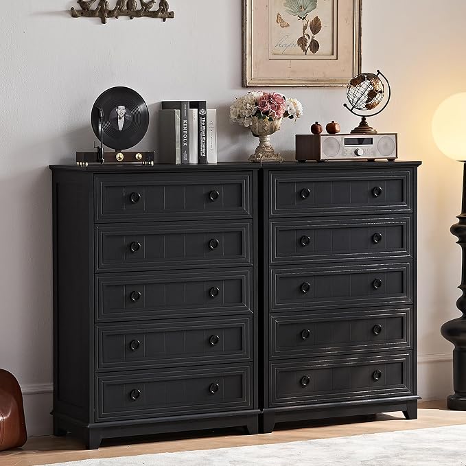 Joaxswe Farmhouse 5 Drawer Dresser for Bedroom Set of 2, 42" Tall Small Dressers & Chest of Drawers, Rustic Wood Dresser with Metal Handle, Storage Organizer Closet for Living Room, Hallway,Entryway by Joaxswe