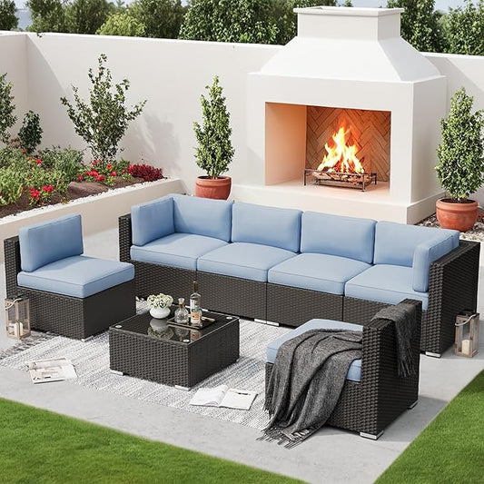 SUNCROWN 7-Piece Outdoor Patio Furniture Sofa Set All-Weather Black Wicker Sectional Conversation Set with Modern Glass Coffee Table and Cushions, Backyard, Garden, Poolside, Light Blue