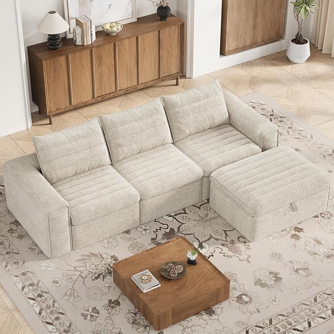 106.7" Modular Sectional Sofa with Deep Seat, Comfortable Upholstery L Shaped Cloud Couch for Living Room, 3-Seater Boneless Sofa with Movable Ottomans, Removable Cover, No Assembly Required, Apricot
