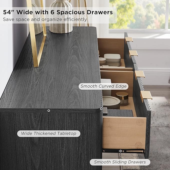 T4TREAM Fluted 6 Drawers Dresser, 54" Wide Modern Chest of Drawers, Curved Profile Design, Dresser TV Stand, Wood Drawer Organizer for Bedroom, Living Room, Hallway, Dark Alder - Image 4