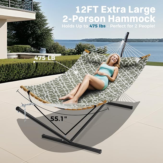 SUPERJARE Hammock with Stand, 2 Person Heavy Duty Hammock with Padded Cotton, Detachable Pillow & Strong Curved-Bar & Portable Carrying Bag, Perfect for Outdoor & Indoor, Grey with White Flower - Image 3