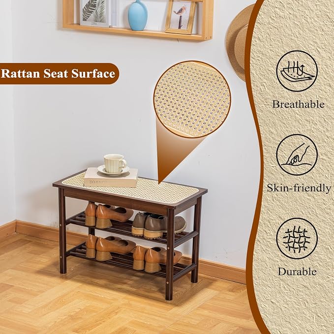Bamboo Entryway Bench with Woven Rattan Seat, 2-Tier Shoe Storage Bench for Hallway & Entryway, 23.62 inches Walnut - Image 4