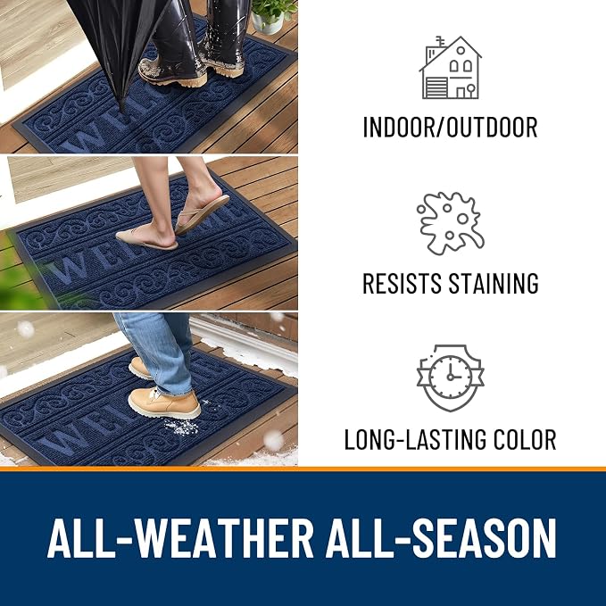 OLANLY Welcome Door Mat Indoor Outdoor Entrance, Heavy Duty Sturdy Front Door Mat, Waterproof All-Weather Doormat, Stain Resistant, Low Profile, Easy Clean Patio Entryway Mat, 47 x 32, Navy Blue - Image 3