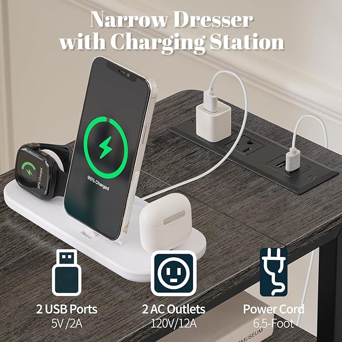 Yoobure LED Narrow Nightstand with Charging Station - Slim Dresser for Bedroom Narrow Side Table Storage Cabinet, Small Dressers Chest of Drawers, Tall Skinny Night Stand End Table for Small Spaces - Image 3