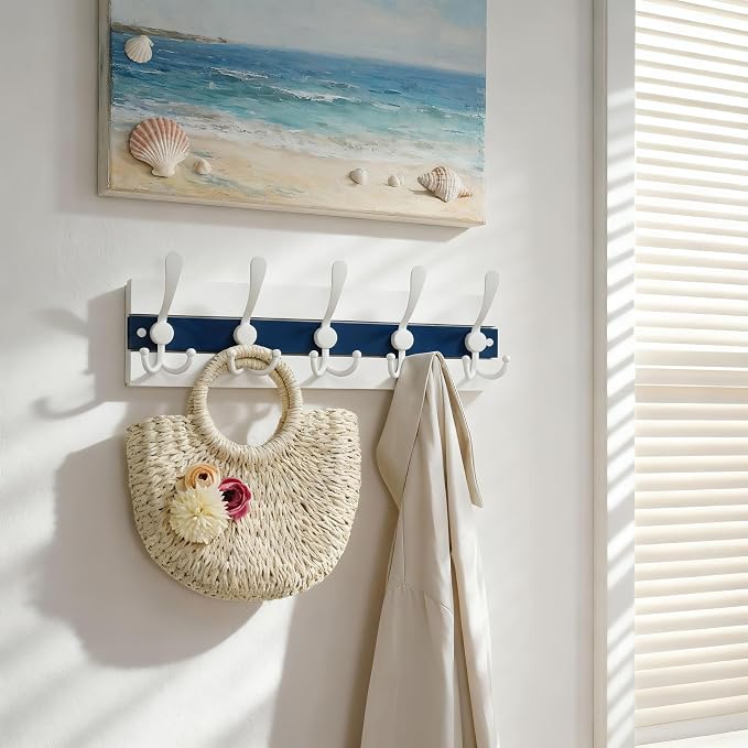 SKOLOO Coastal Wall Mounted Coat Rack - 16-7/8" Beach House Entryway Wooden Coat Hook with 5 Hooks for Hanging Coats, Hats or Towels, Oceanfront Cottage Core Collection, White & Blue - Image 4